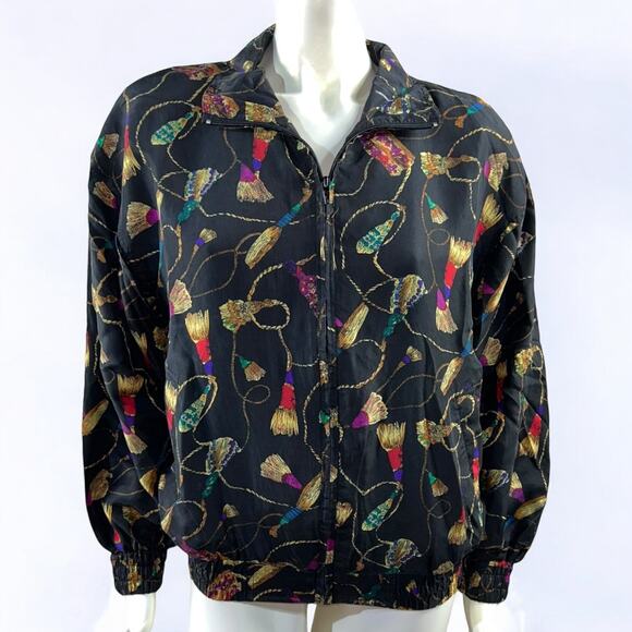 Vintage 90s Rhoda Lynne 100% Silk Tassel Print Bomber Jacket - Size Small - Picture 1 of 9